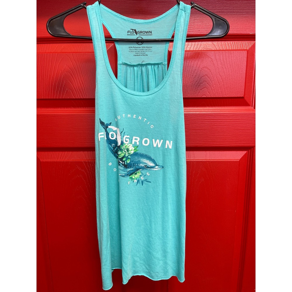 FloGrown Womens Dolphin Born Free Racerback Tank Top Turquoise Blue Size Medium